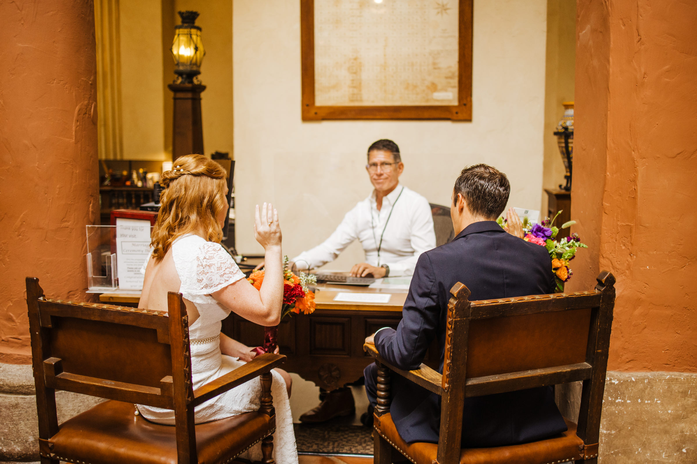 wedding couple with Deputy Marriage Commissioner in Santa Barbara Courthouse