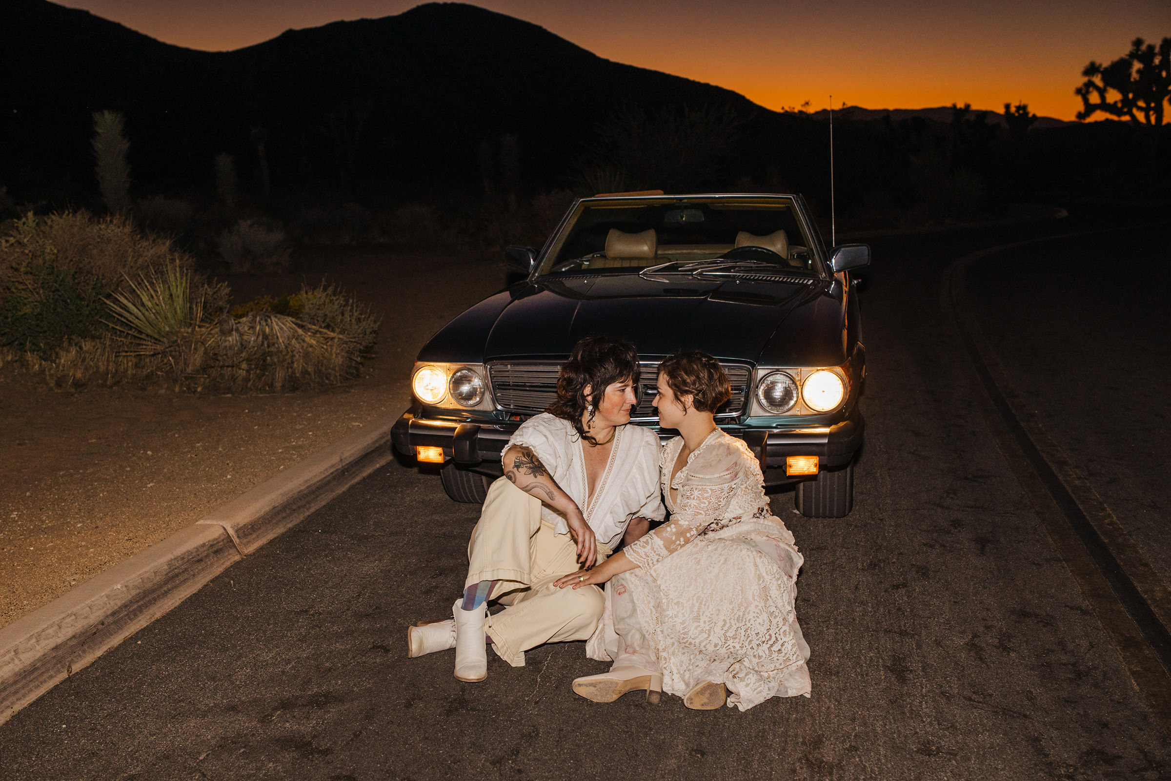 Elopement with vintage car nighttime portraits