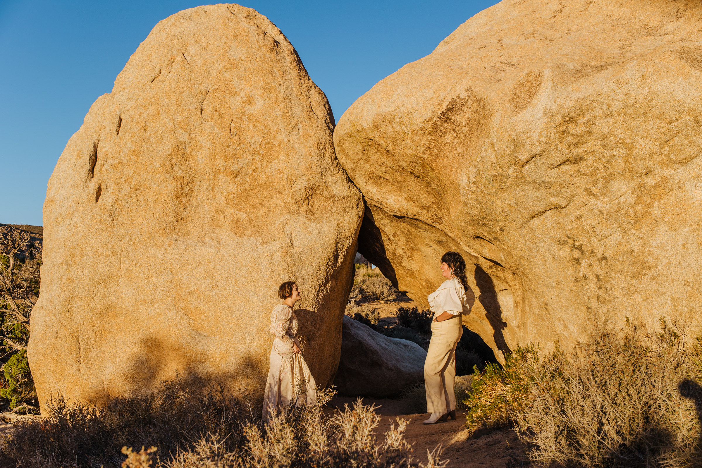 Brides in front of two large boulders in Joshua Tree