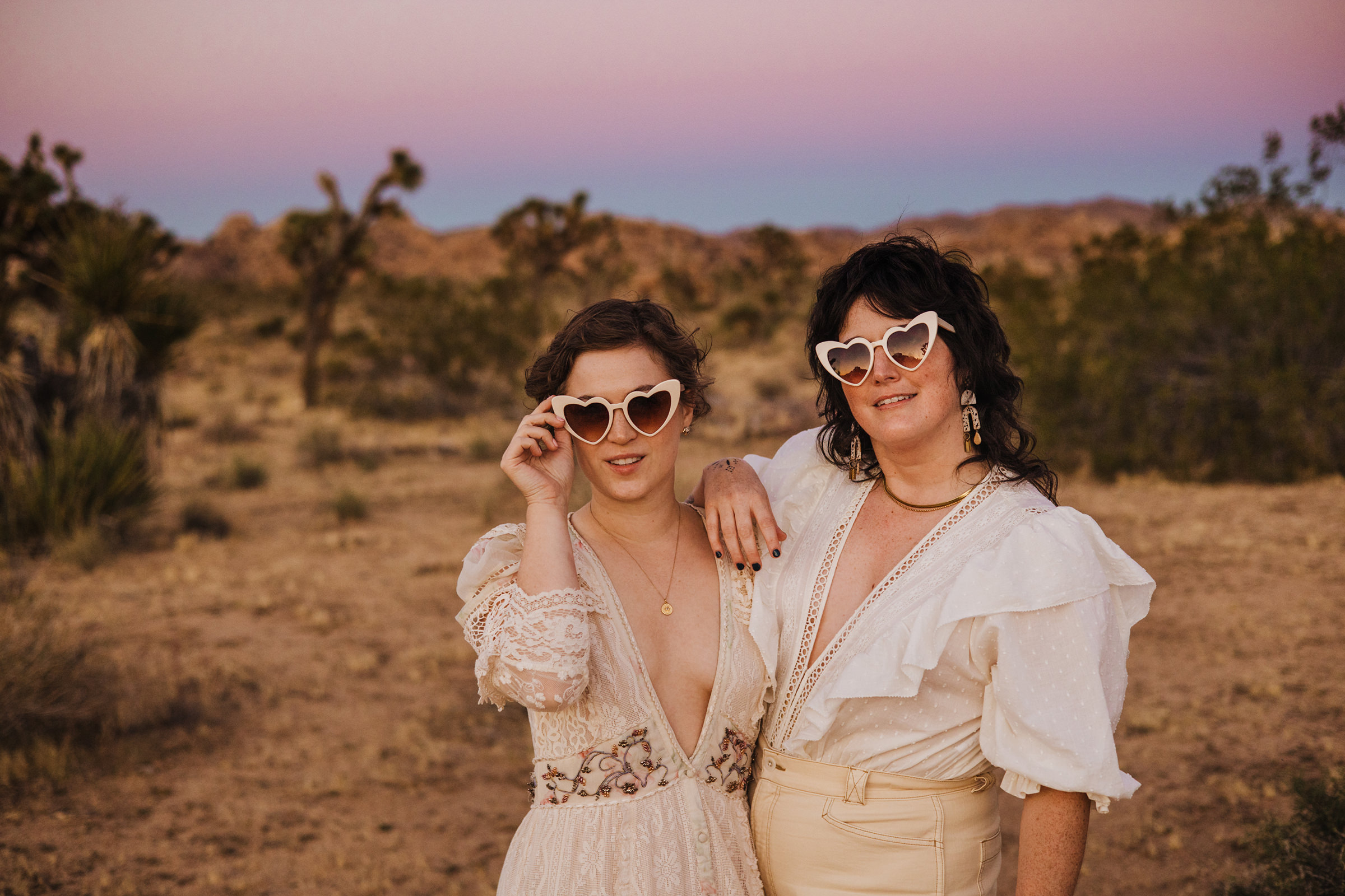 Joshua Tree elopement sunset brides with heart sunglasses