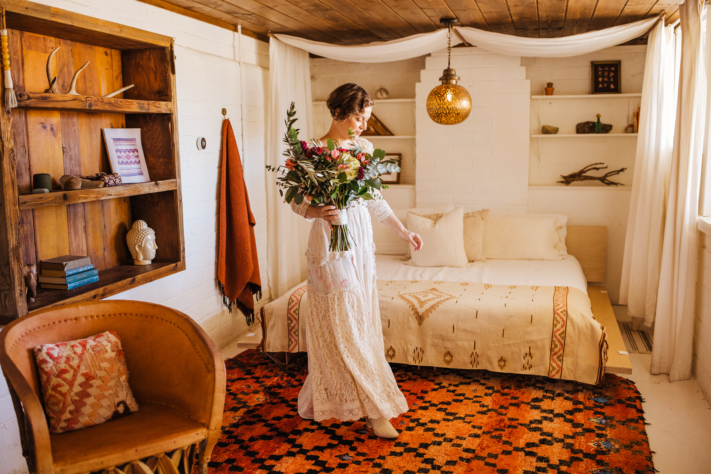 Bride getting ready in a Joshua Tree AirBnb