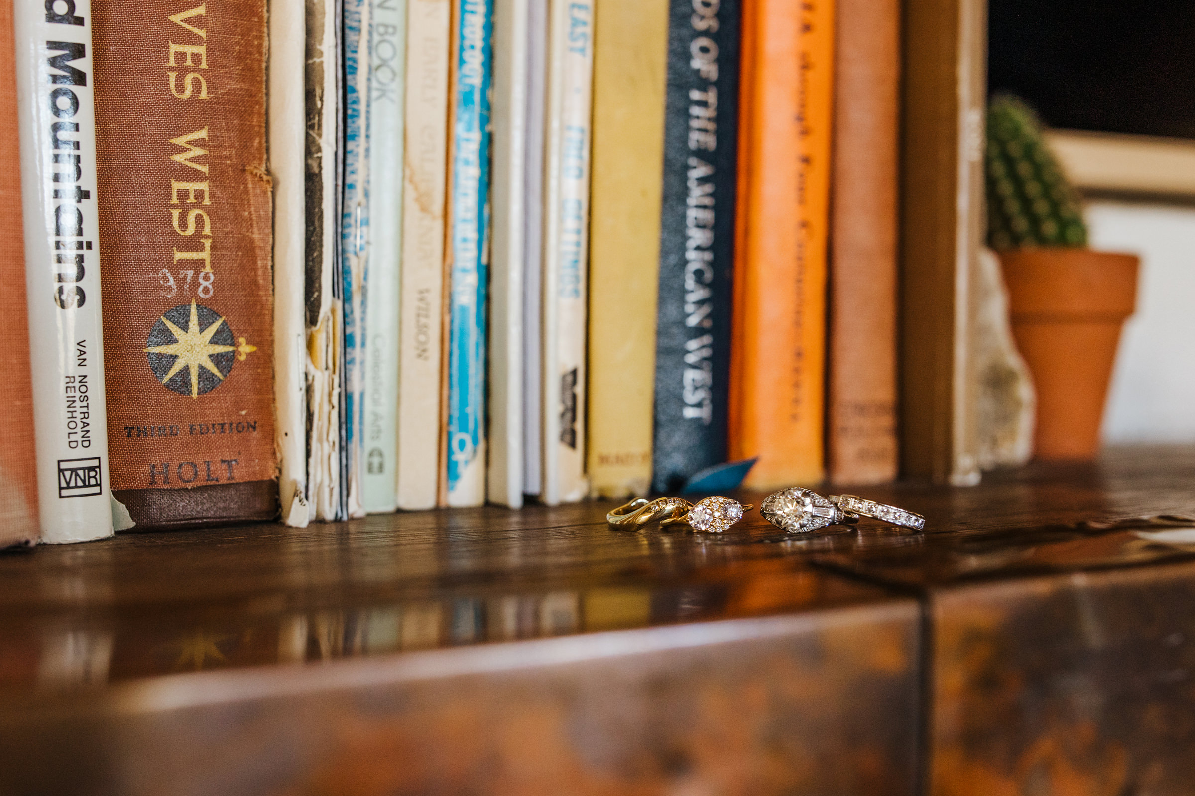 Rings on bookshelf